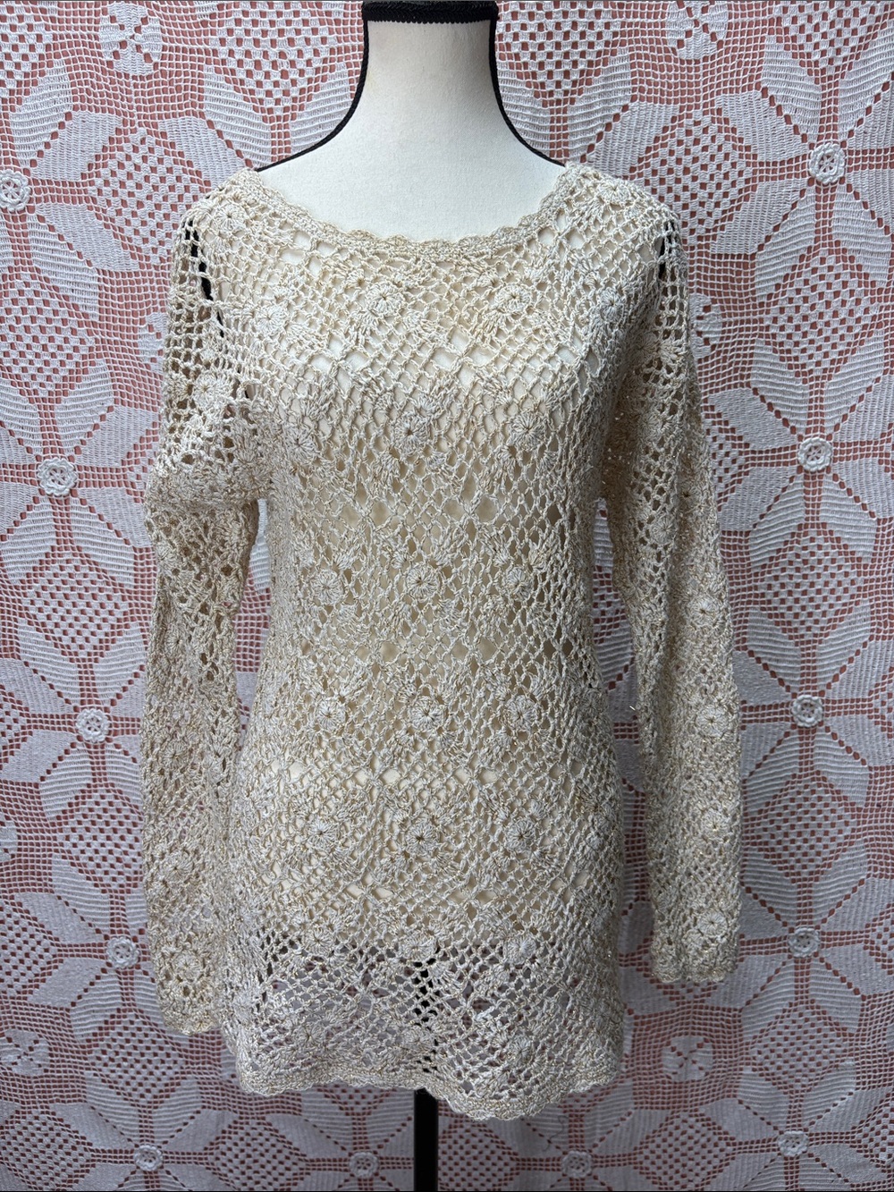Handcrafted Crochet Metallic Tunic Top – Cream & Gold